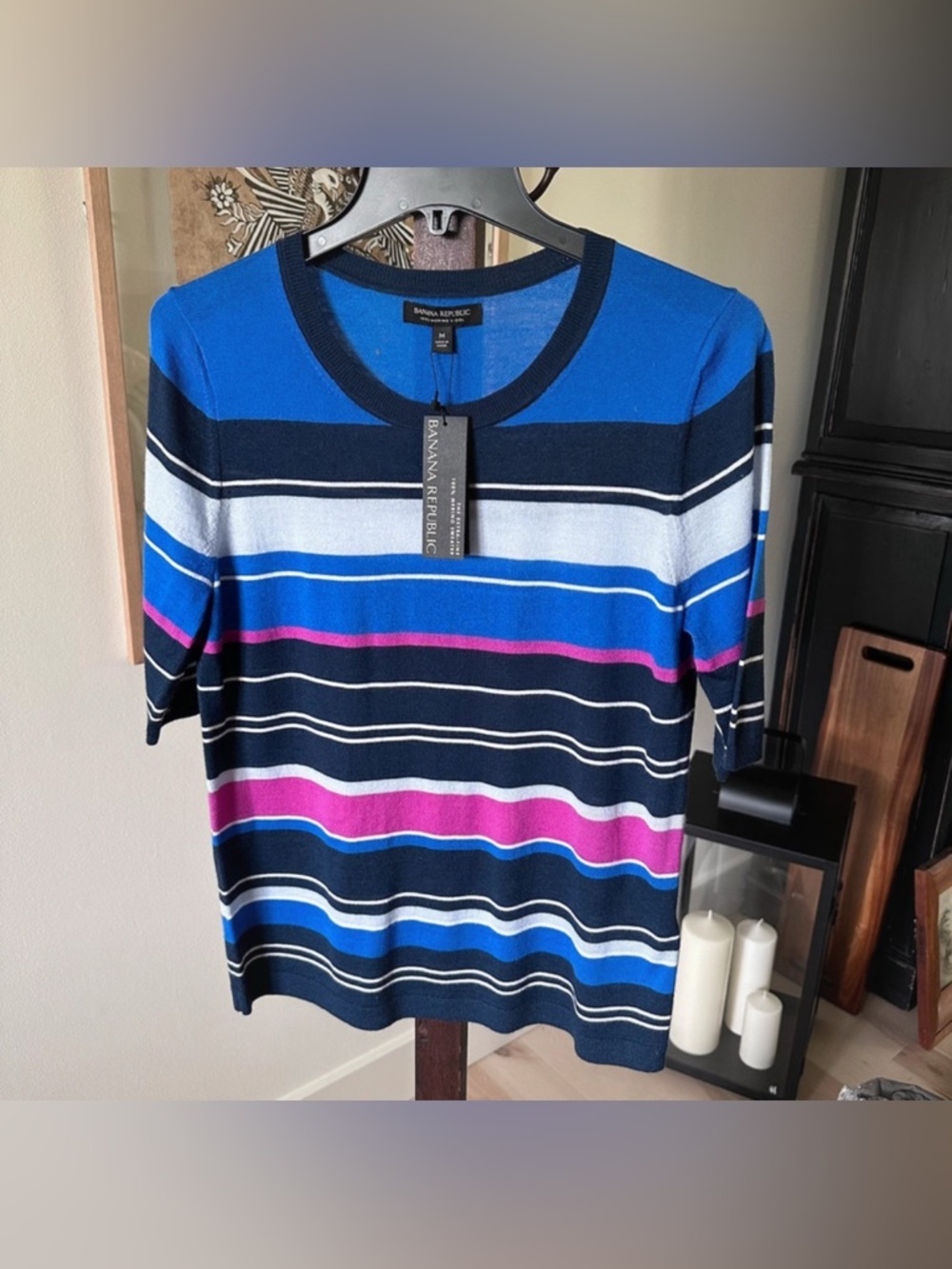 New with tags. Medium Banana Republic Blue & Navy Striped Short Sleeve Sweater